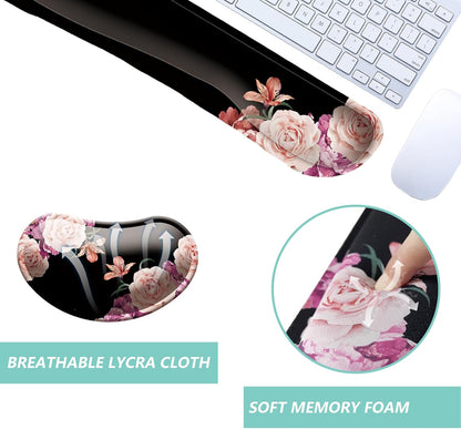 Keyboard Wrist Rest Mouse Wrist Support Set, Memory Foam Wrist Rest Pad for Computer Laptop Keyboard Mouse, Ergonomic Wrist Cushion Support for Typing Pain Relief, Gaming Home Office, Flowers Grass