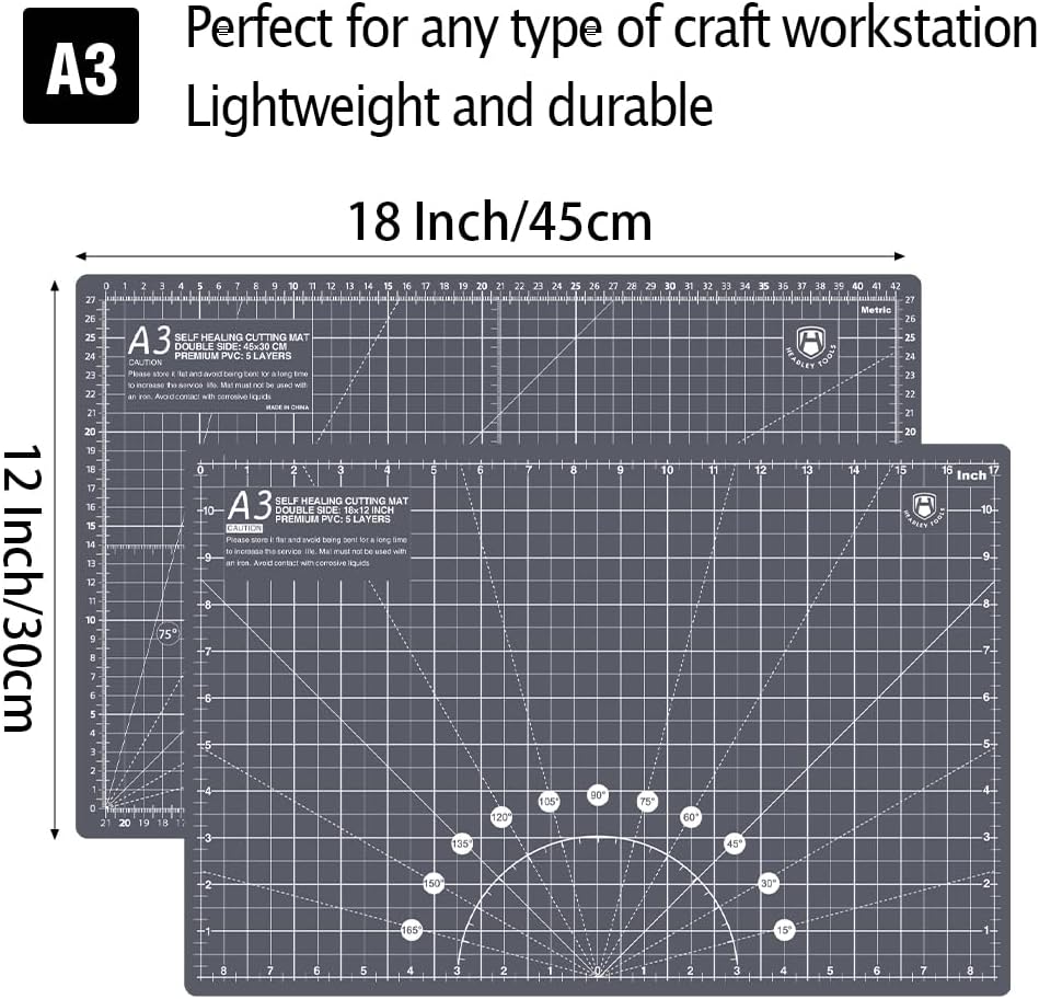 HEADLEY TOOLS 18" x 24" Thickened Self Healing Cutting Mat, A2 Rotary Cutting Sewing Mat for Crafts, Double Sided 5-Ply Table Cutting Board for Fabric Quilting Leather Arts Hobby Project, Grey/Black