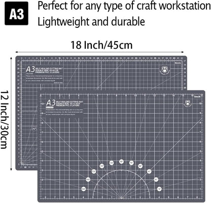 HEADLEY TOOLS 18" x 24" Thickened Self Healing Cutting Mat, A2 Rotary Cutting Sewing Mat for Crafts, Double Sided 5-Ply Table Cutting Board for Fabric Quilting Leather Arts Hobby Project, Grey/Black
