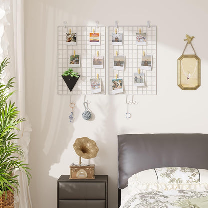 C&AHOME Photo Wall Display Set of 2, Grid Panel with Hooks, Clips, Hemp Cord, Hammer - 15.7" x 11.8", White UWWGM3402W