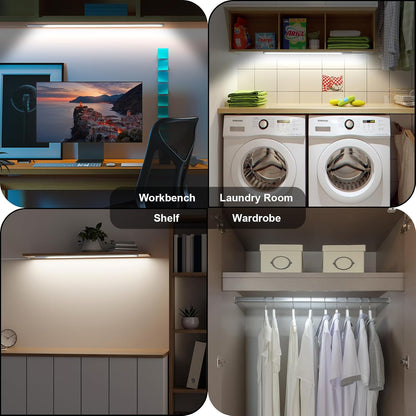 JUSJUBR 12-Inch Slim LED Under Cabinet Light with Memory Function, Warm White 3000K Dimmable USB Light Bar for Rooms