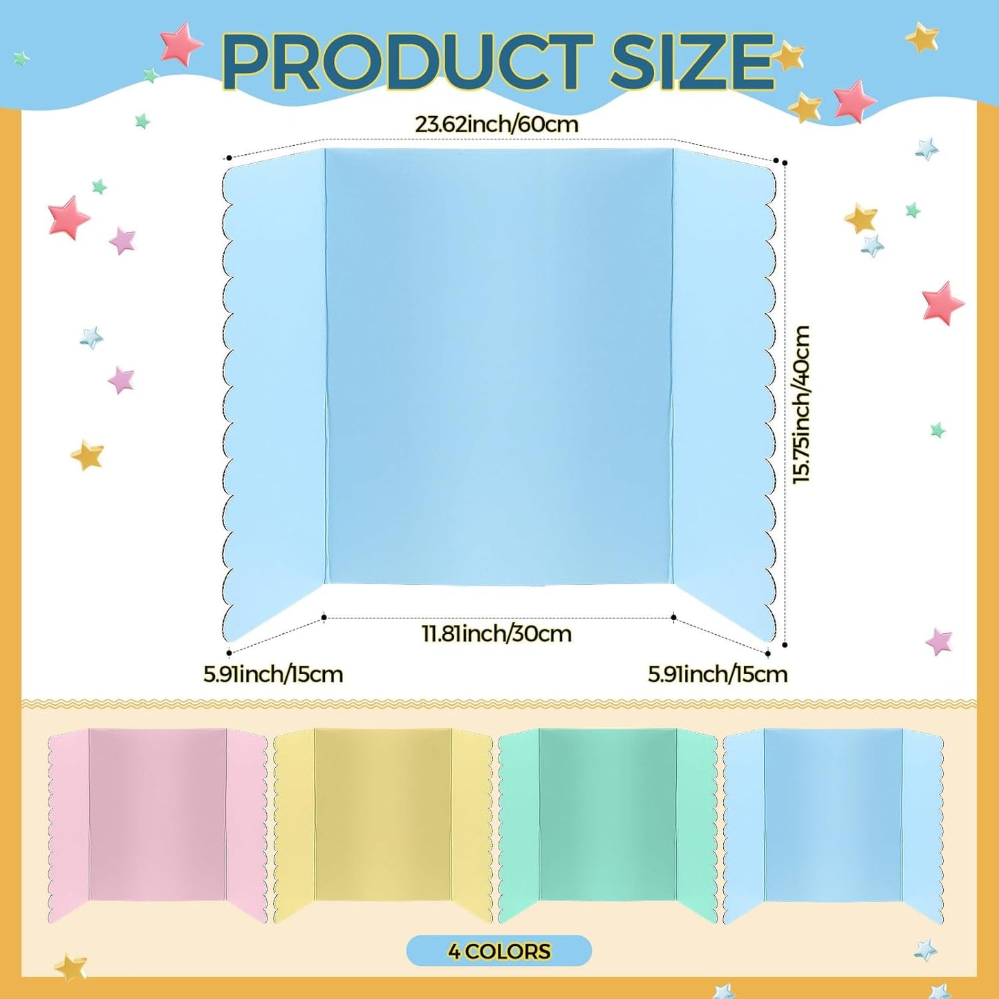 Mooliwe 4 Pack 24" X 16" Trifold Poster Board, Medium Tri Fold Boards Foldable Corrugated Presentation Display Scalloped Borders for Science Fair Events, School Projects, Exhibitions (Macaron)