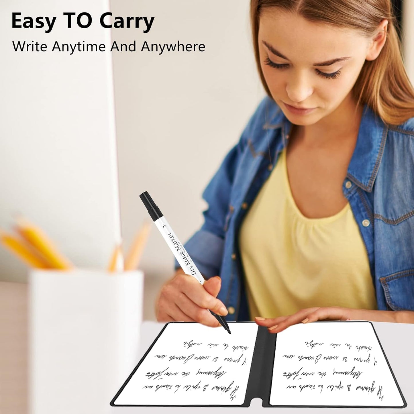 SAYEEC Whiteboard Notebook, Portable Dry Erase Board with 3 Colors Fineliner Pens, Black PU Cover Erasable Handheld White Board Reusable Drawing Notebook Easel Pad for Meeting Business Office School
