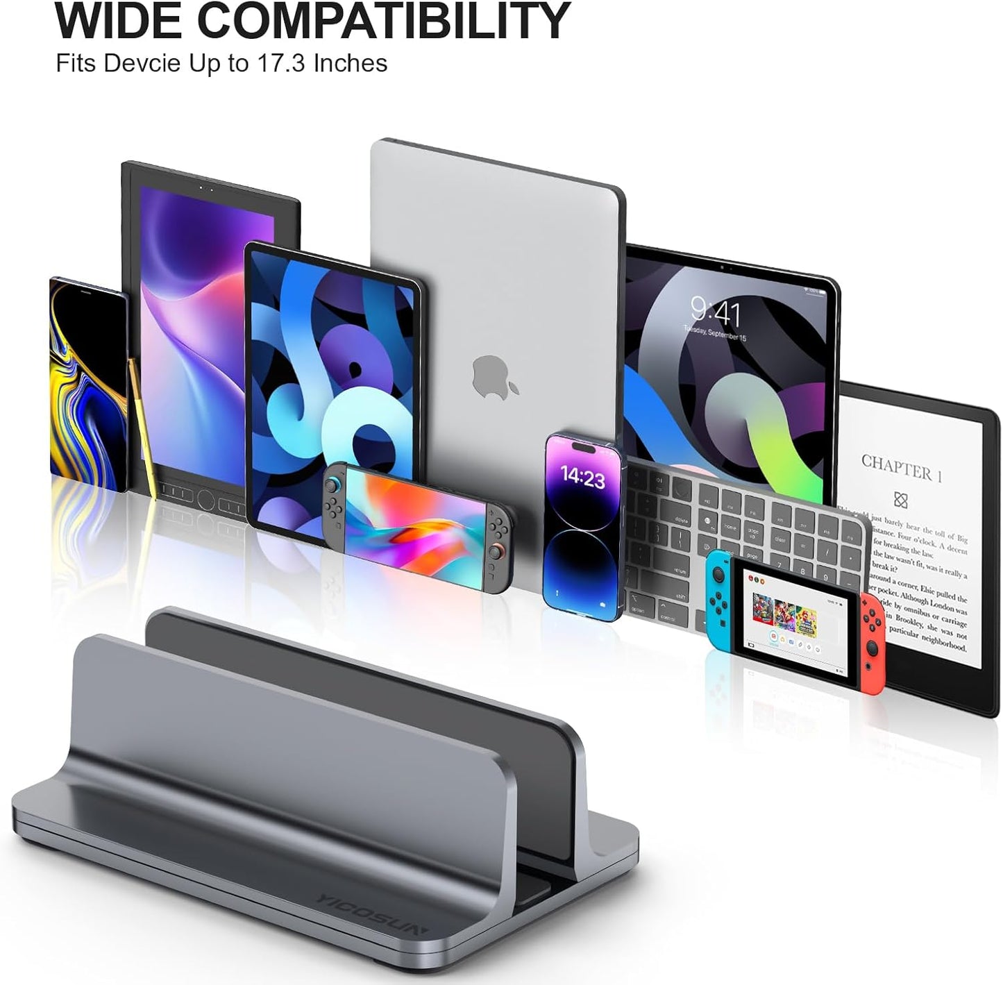 YICOSUN Dual-Slot Aluminum Vertical Laptop Stand for Desk - Adjustable Width Dock for MacBook, Surface, Samsung, HP, Dell up to 17.3 inches - Space-Saving & Protective Design - Gray