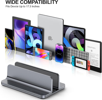 YICOSUN Dual-Slot Aluminum Vertical Laptop Stand for Desk - Adjustable Width Dock for MacBook, Surface, Samsung, HP, Dell up to 17.3 inches - Space-Saving & Protective Design - Gray