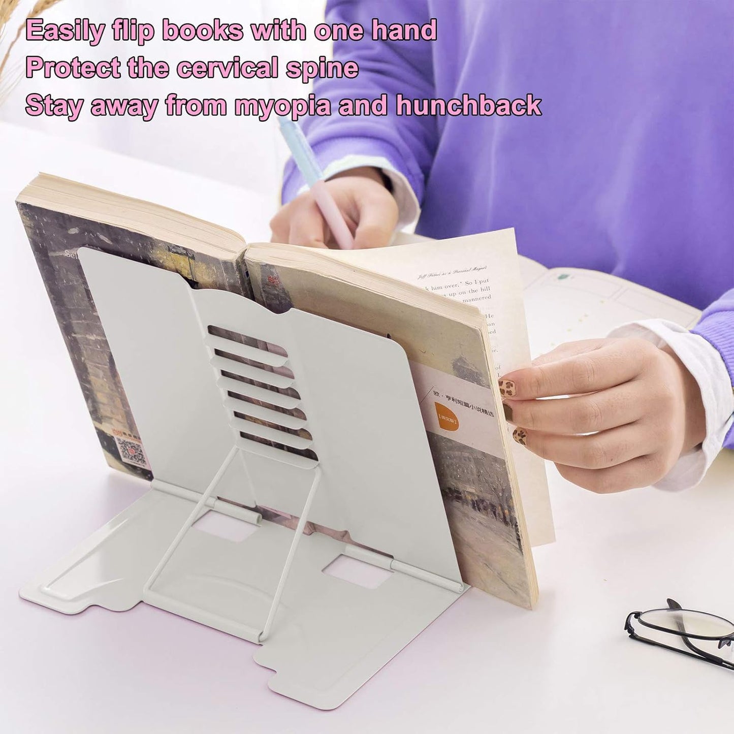 MSDADA Desk Book Stand Metal Reading Rest Book Holder Adjustable Cookbook Documents Holder Bookstands for Recipes Textbook Music Books, the First Day of School Gift for Students, Teachers (Light Blue)