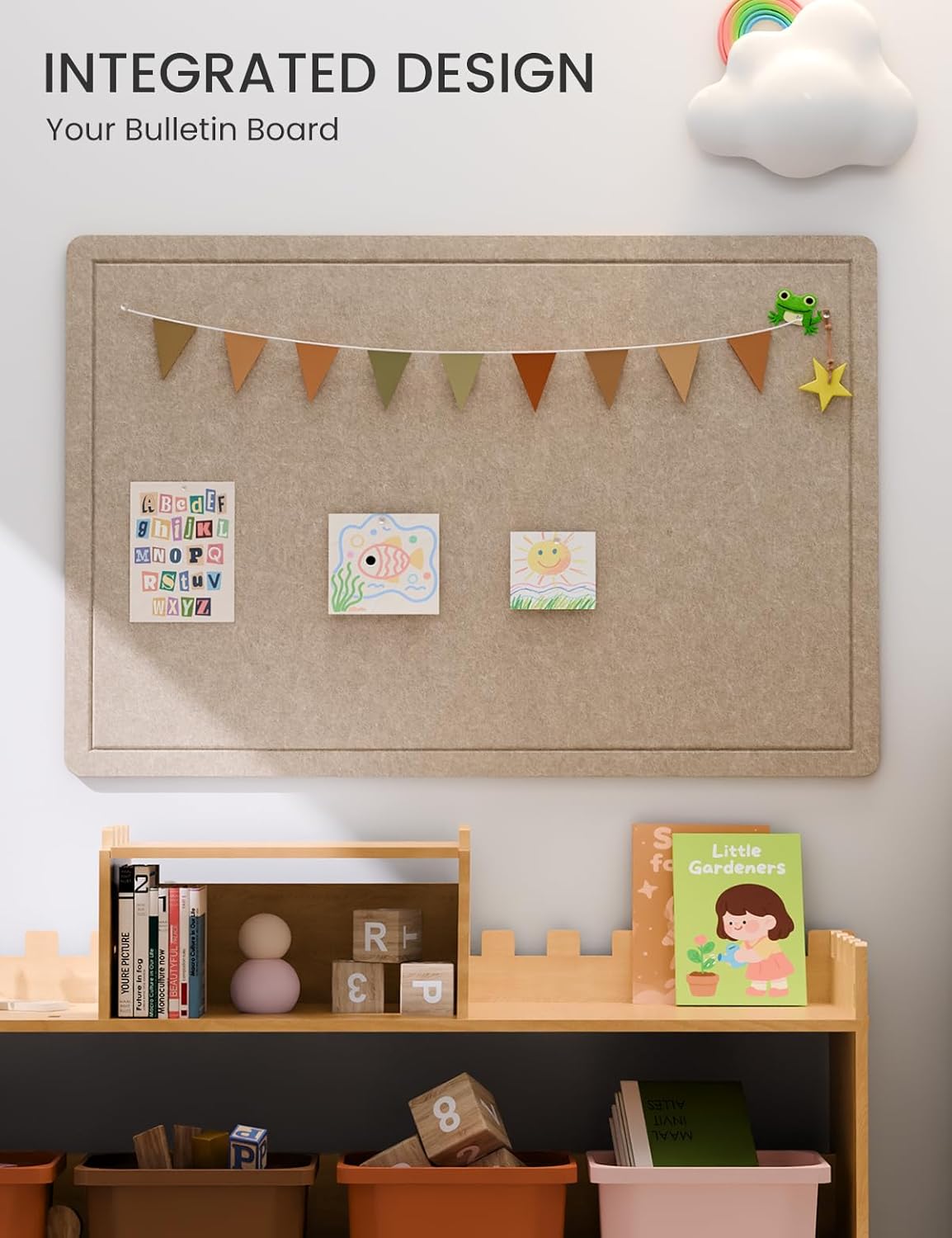 Fluxynara Bulletin Board, 23.6" x 17.5" Cork Board Alternative with 12 Safe Removable Adhesive Tabs, Foldable Felt Pin Board for Home Office, Classroom, Bedroom,Entryway for Walls—Sage