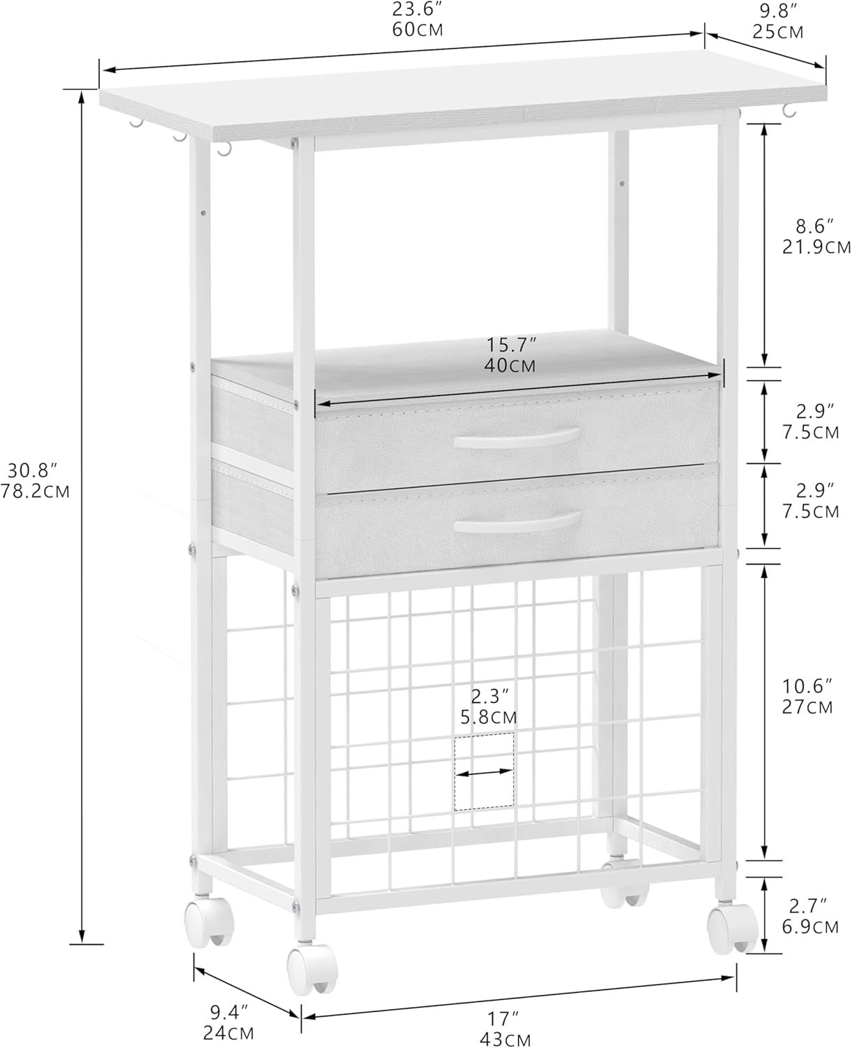 VENNQD Organizer and Storage Stand Compatible with Cricut Machines,Rolling Storage Cart/Shelf with 24 Vinyl Roll Holders，2 Fabric Drawer,Accessories Holder,Tool Hook for Craft Room Home (white)