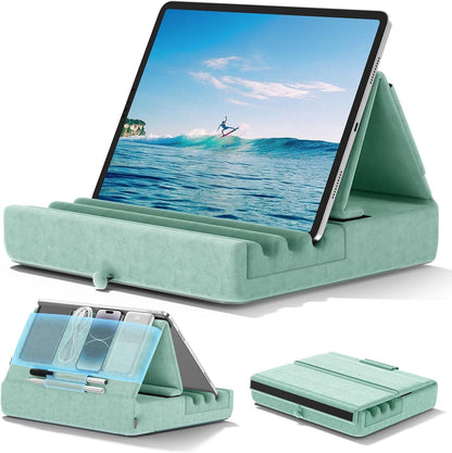 KDD Tablet Pillow Holder, Foldable iPad Stand for Lap, Bed and Desk -Tablet Soft Pad Dock with Pocket & Stylus Mount Compatible with iPad Pro 12.9, 10.5, 9.7 Air Mini 6 5 4 3, Galaxy Tab, E-Reader