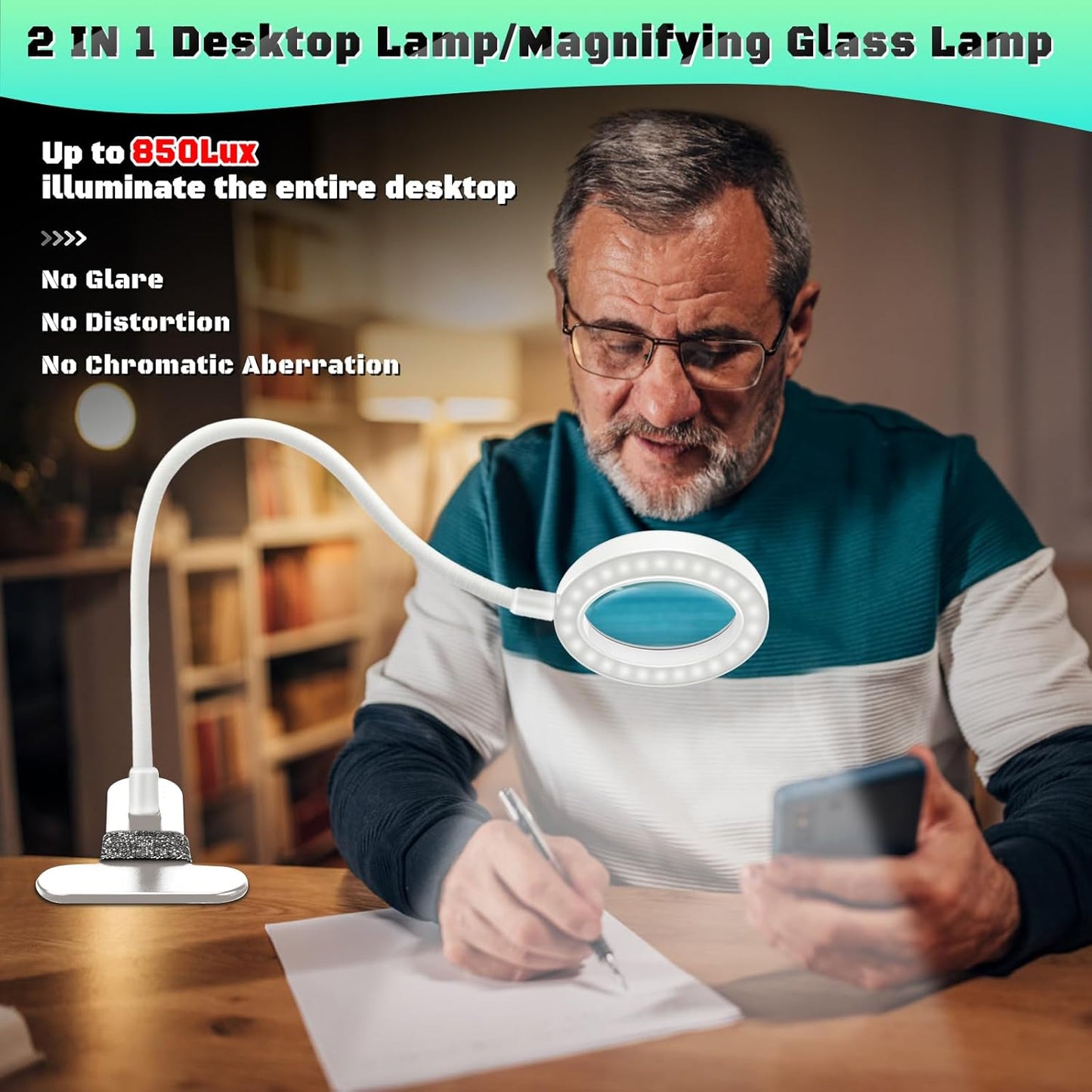 10X Magnifying Glass with Light, Clip on Mganifier with Light, 48 LED Desk Magnifying Glass wtih Clamp, 3 Modes Dimmable Magnifying LED Lamps for Bed Work Crafts DIY Repair