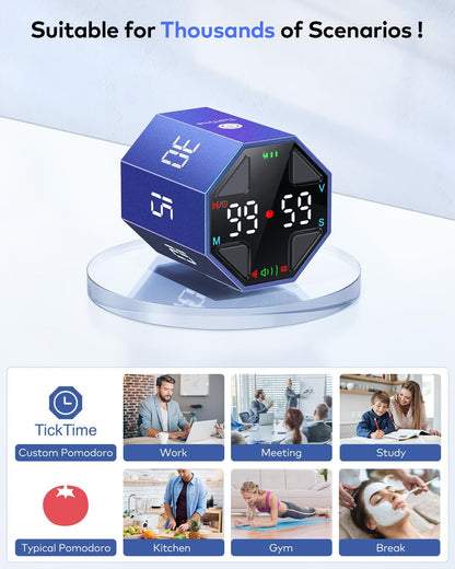 Ticktime Pomodoro Timer Cube, Custom Pomodoro, Pause & Resume, Silent, Vibrate & Adjustable Sound Alert, for ADHD, Task, Work, Study, 3/5/10/15/30/45/60min & Custom Countdown, Blue