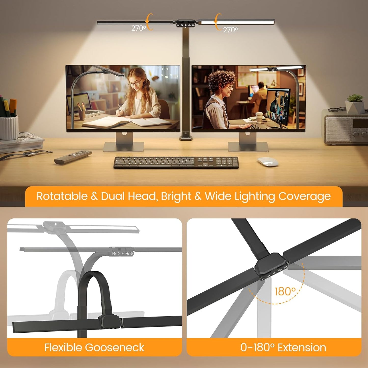 SIBRILLE LED Desk Lamp for Home Office - Dimmable Computer Desk Light with Clamp, Modern Architect Task Lamp with Color Changing, Flexible Desktop Lamp with Gooseneck for Monitor, Double Head, White