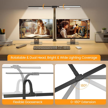 SIBRILLE LED Desk Lamp for Home Office - Dimmable Computer Desk Light with Clamp, Modern Architect Task Lamp with Color Changing, Flexible Desktop Lamp with Gooseneck for Monitor, Double Head, White