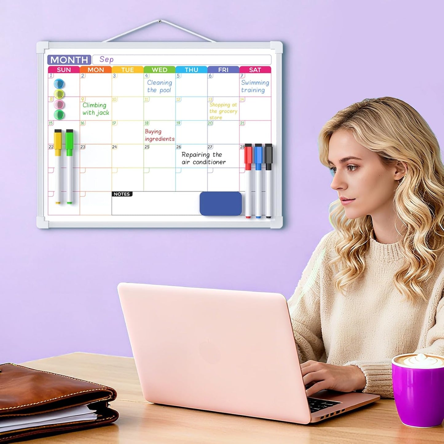 MaxGear Weekly Calendar Dry Erase Board for Wall, 16"x12" Small Hanging Double-Sided White Board with 5 Markers & 4 Magnets, Portable Whiteboard for Students - Planning, Drawing, Memo, to Do List