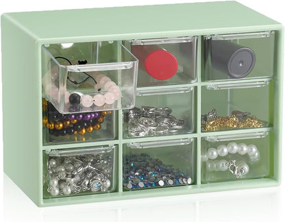 Small Drawer Organizer for Desk, 7.1" x 3. 8" x 4.6" Mini Desktop Drawer Organizer with 9 Clear Drawers, Plastic Desktop Craft Storage Box for Desk Office School Home (White)