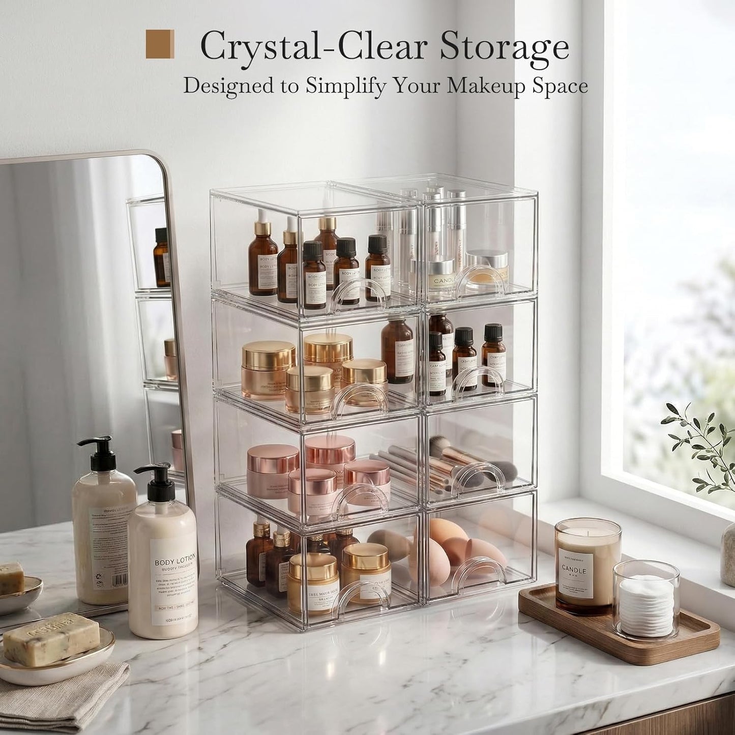 8 Pack Small Clear Stackable Acrylic Storage Boxes for Art Tool & Sketch, Storage Drawers, Storage Organizer, Clear Plastic Makeup Organizer, Ideal for Vanity, Cabinet, Desk Organization