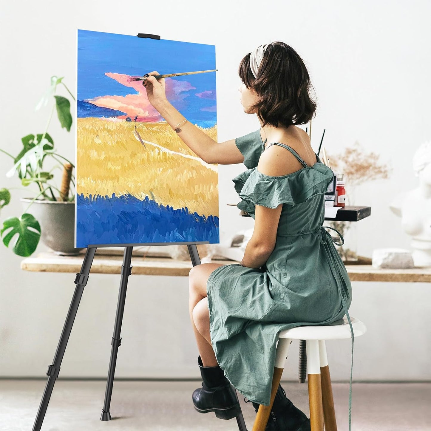 Art Painting Artist Easel Stand, Portable Adjustable Aluminum Metal Tripod Display Easel with Bag, Height from 17 to 66 inch for Table-Top/Floor Drawing and Displaying, Black