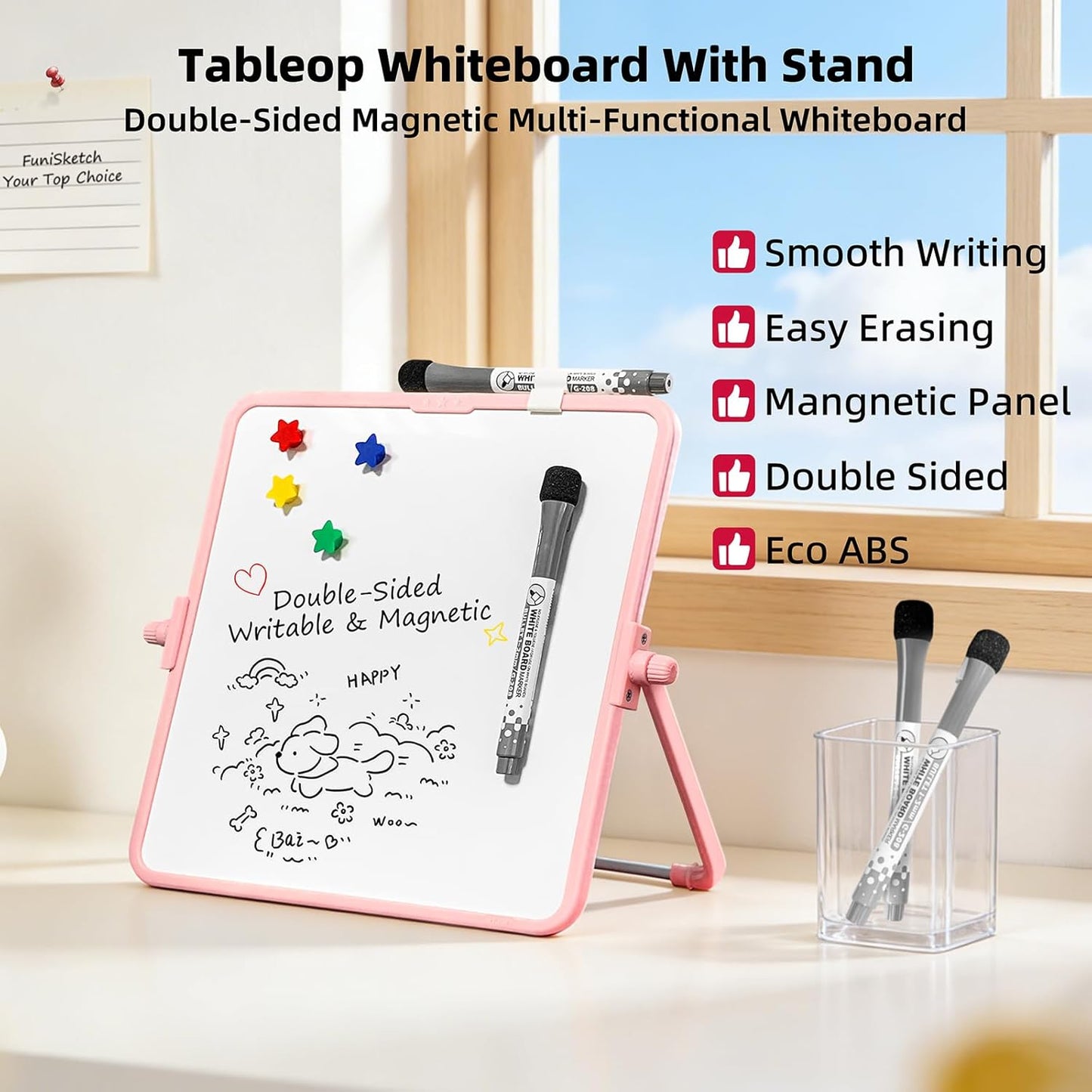Colorful Dry Erase White Board 8.3x11in, Magnetic Desktop Board with Stand, 2 Markers (Eraser Head), 4 Magnets - Double-Sided Easel for Daily Planning, Memo, Office/Home/School (Blue)