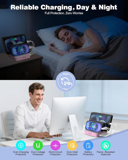 MSTJRY Charging Station for Multiple Devices : 5 Port Multi USB-A Charger Stations Multi-Device Organizer Charging Dock Designed for iPhone iPad Cell Phone Tablets (7 Short Cables Included)