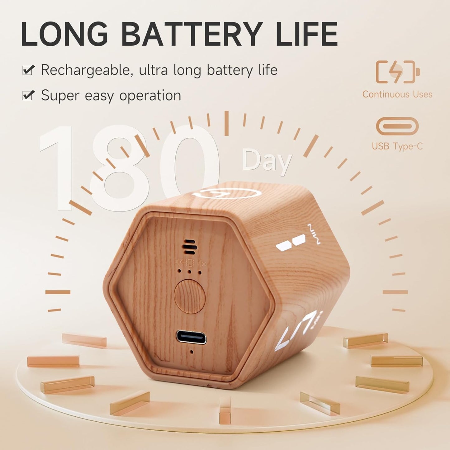 Productivity Timer 1, 5, 10, 30, 60 Minutes Preset, Desk Cube Timer with Gravity Sensor/Mute/Vibration for ADHD, Work, Study, Kitchen, Back to School (Wood Grain)