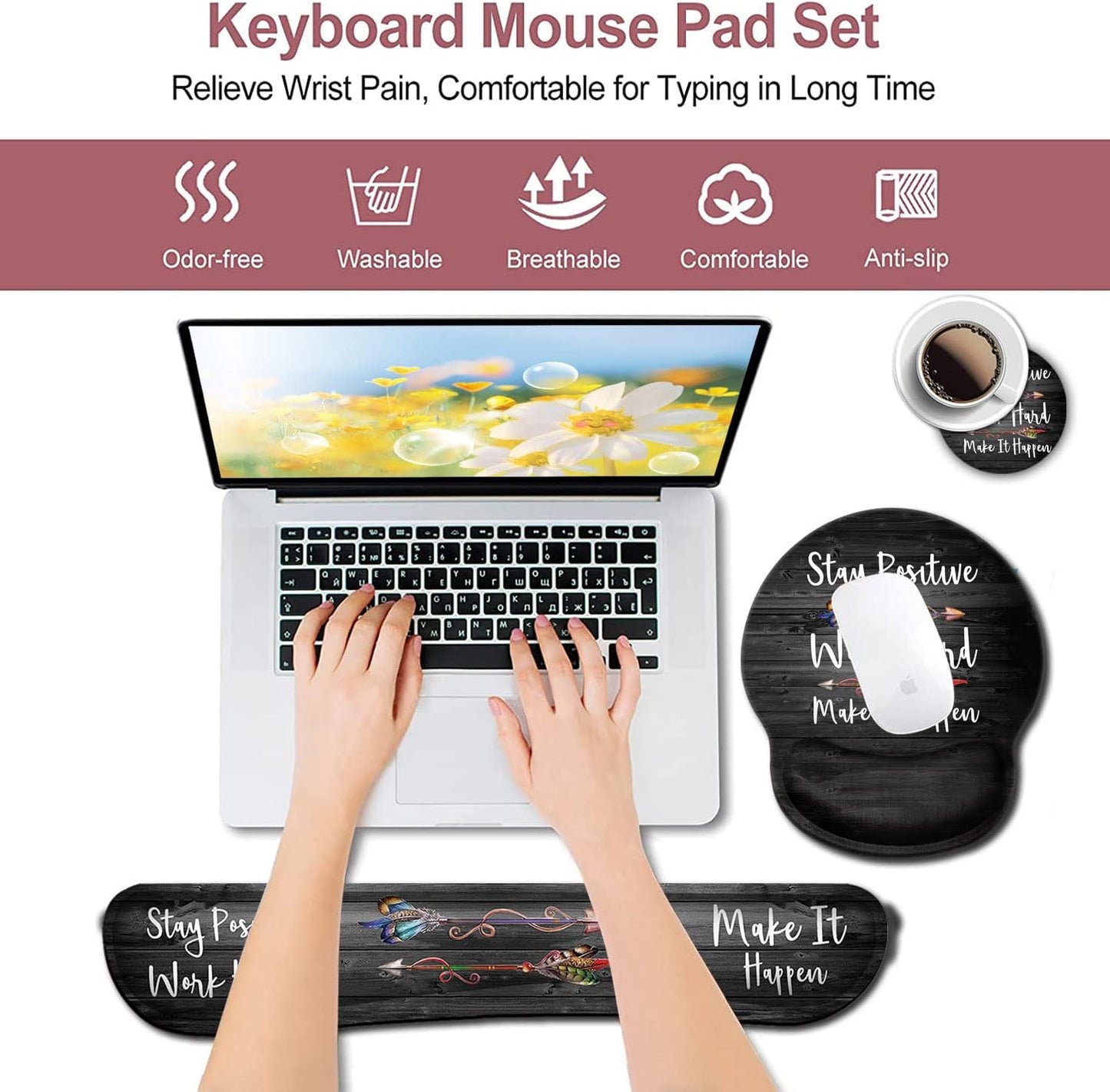 Mouse Pad with Wrist Support, Ergonomic Gel Mouse Pad Beautiful Flowers,Pink Hyacinths on Wood Panel，Non-Slip Durable, Memory Foam Keyboard Wrist Rest, Suitable for Office Typing Games