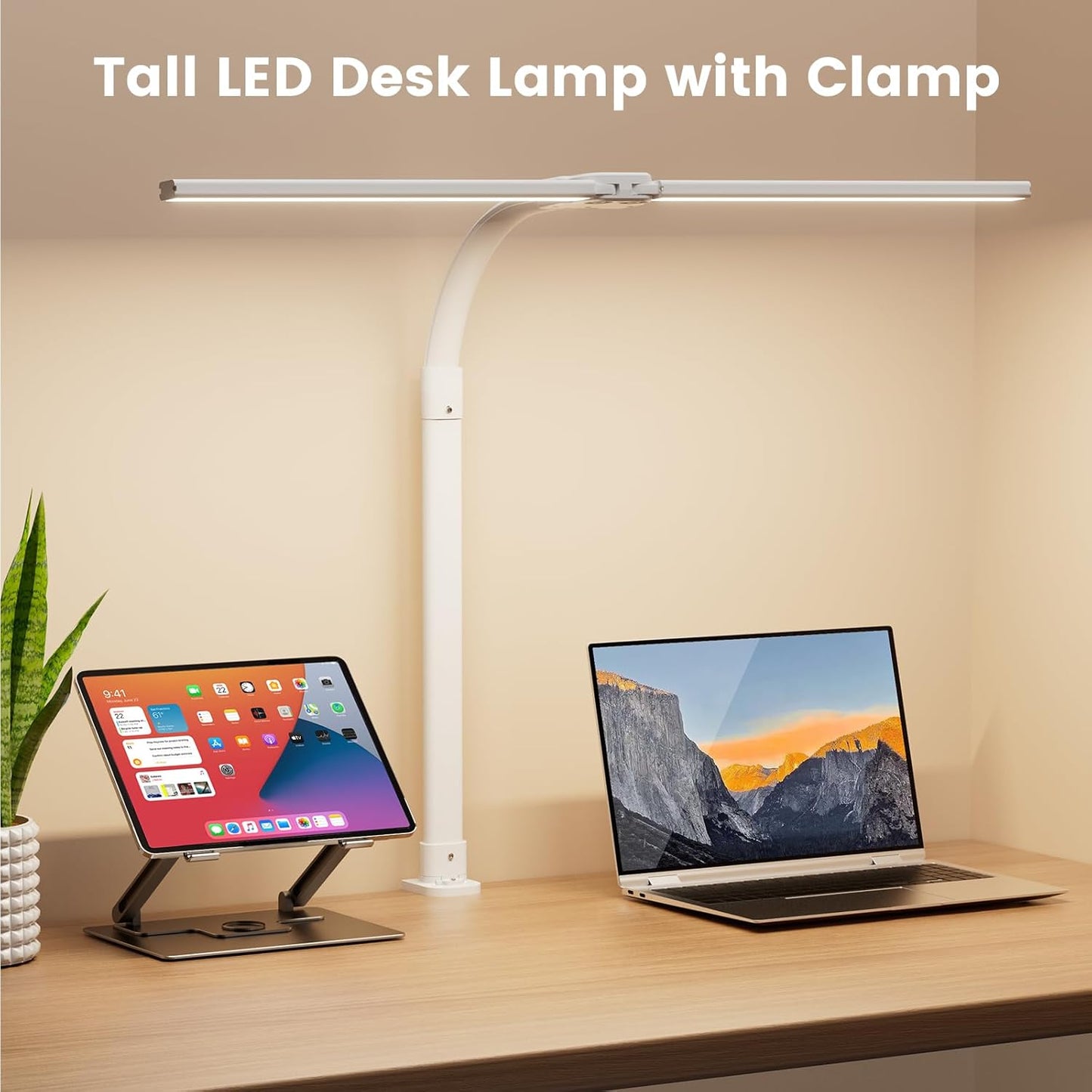 LED Desk Lamp with Base - Bright Dimmable Computer Lamp with Phone Holder, 24W Bendable Desk Light for Monitor Screen, Eye-Caring Tall Desktop Light for Task Home Office Work, Black, Dual Head