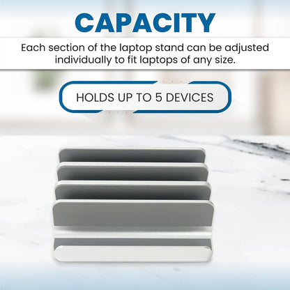 Elestoria 5- Slot Vertical Laptop Stand - Aluminum Laptop Stand Vertical for Desk - Fits MacBook Pro/Air, Surface, Mobiles & Gaming Laptops up to 17.3" - Heavy Duty Laptop Holder for Desk - (Silver)