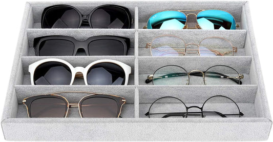 Emibele Glasses Organizer Jewelry Tray, 8 Grids with Clear Lid Velvet Tray Watch Storage Stackable Jewelry Showcase Display Storage with Detachable Inner Dividers, Beige