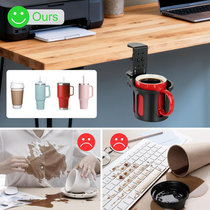 MYITYARD Desk Cup Holder Clamp, Anti-Spill Clip On Table Cup Holder, Rotatable Water Bottle Stand Drink Coffee Mug Storage, Office Accessories for Home and School (Black)