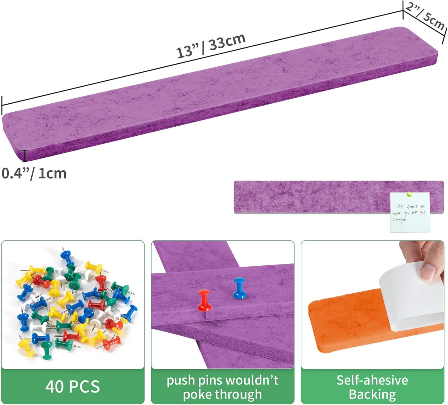 Cork Board for Walls - 8 Pack Felt Pin Board Bar Strips - Self-Adhesive Lightweight Bulletin Board - Cork Board for Office with 40 Push Pins No Damage for Wall
