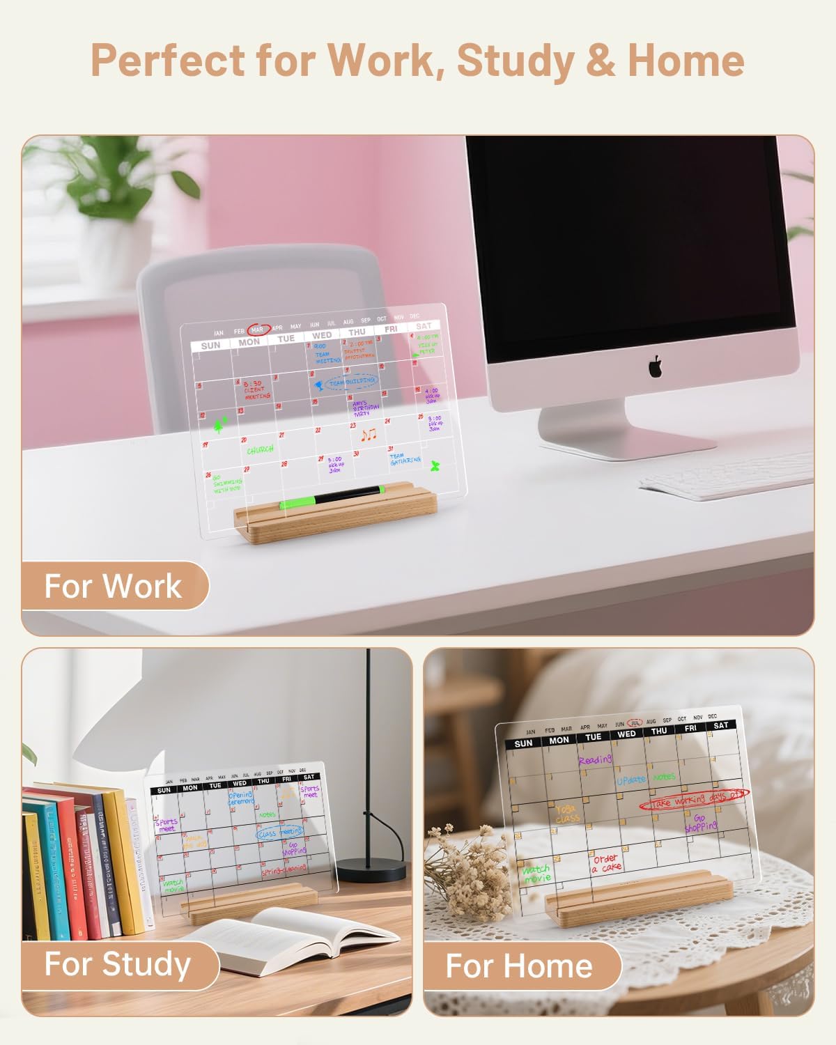 Acrylic Dry Erase Monthly Calendar Board for Desk, 9x13 Transparent Acrylic Whiteboard with Date Grid, Wood Stand, 6 Wet Erase Markers, for Home, Office, School (White Text)