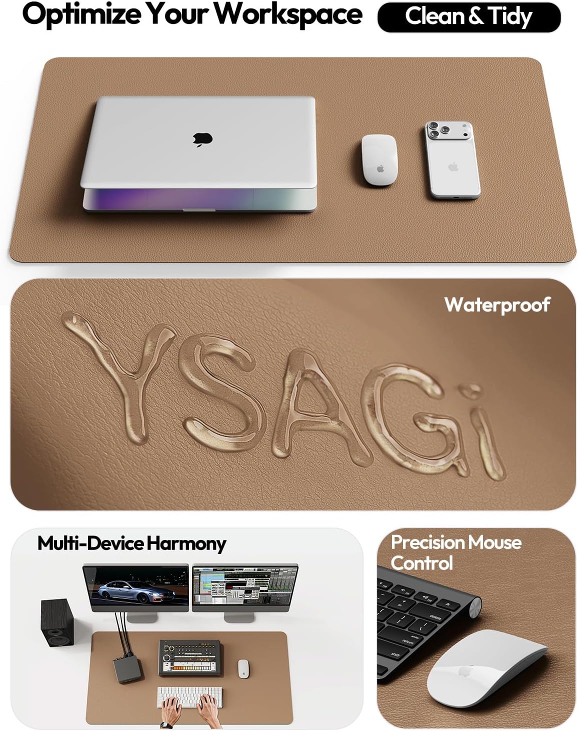 YSAGi Large Extended PU Leather Desk Pad Protector – Non-Slip Waterproof Desk Mat for Office & Home, Easy Clean Mouse Pad & Laptop Writing Blotter 35.4"x17" Black - Colors B