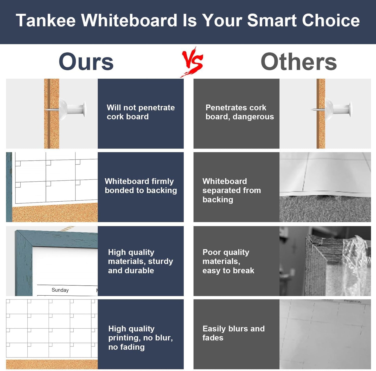 Calendar Whiteboard for Wall, TANKEE 17x13 Inches Whiteboard Calendar Cork Board Combo, Small Magnetic White Board with Wood Framed, Hanging Dry Erase Board for Kitchen Home Office School Planner