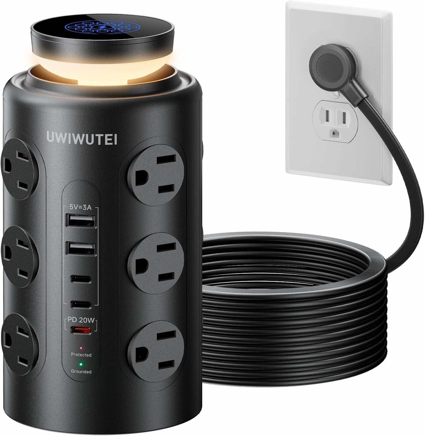 Tower Power Strip Surge Protector with 16 Outlets and 5 USB Ports (2 USB-C), 6FT Extension Cord with Multiple Outlets,Heavy Duty Charging Station,Home Office Dorm Room Essentials. No Wireless Charging