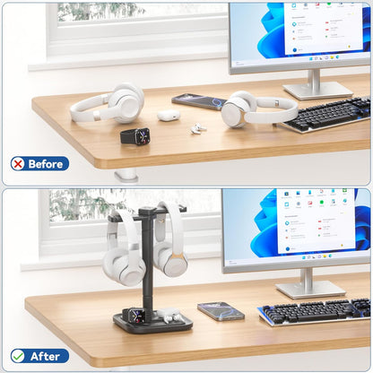 KDD Dual Headphone Stand for Desk - Rotatable Headset Hanger with Phone Holder - Removable Non-Slip Base for Gamers Desktop Accessories