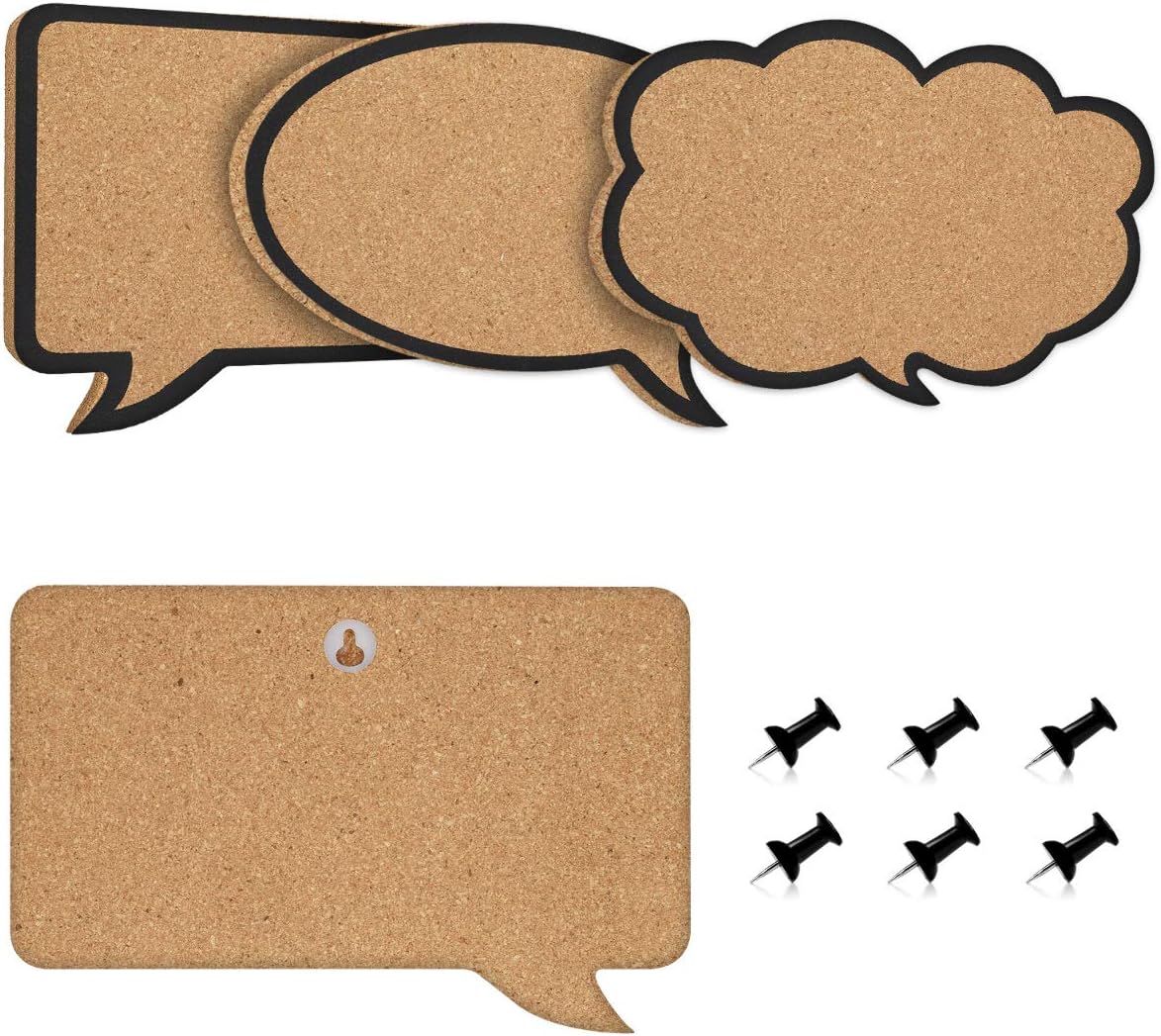 Navaris Cork Bulletin Board Set - 3X Pieces Cork Boards in Cute Decorative Speech and Thought Bubble Shapes with Push Pins for Kitchen, Home, Office