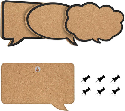 Navaris Cork Bulletin Board Set - 3X Pieces Cork Boards in Cute Decorative Speech and Thought Bubble Shapes with Push Pins for Kitchen, Home, Office