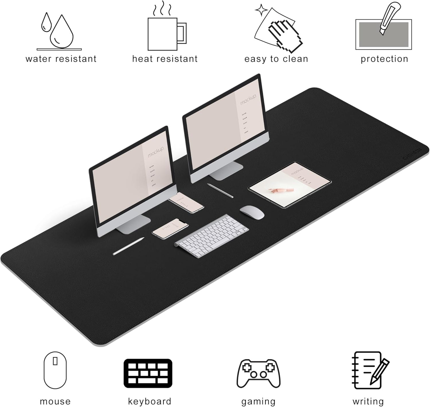 Chihein 2XL 35" x 16" Cork & PU Leather Desk Mat, Dual Sided Desk Pad Protector, Waterproof Writing Blotter for Gaming, Office, Home (Black)