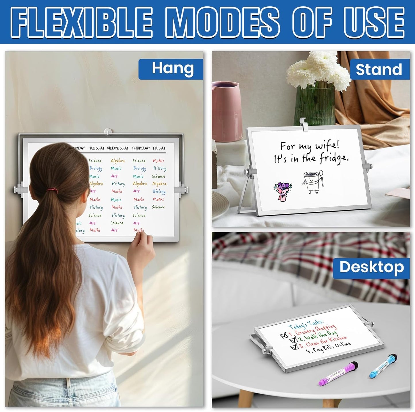 Grtard Dry Erase Magnetic White Board, 16''x12'' Double-Sided Desktop Whiteboard with Stand, Portable Small Whiteboard Set, Dry Erase Board for to-Do Lists, Planning & Office, Home