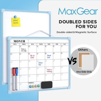 MaxGear Monthly Calendar Dry Erase Board for Wall, 16"x12" Small Hanging Double-Sided White Board, Portable Whiteboard for Planning, Drawing, Memo, to Do List, School, Home, Kitchen, Office