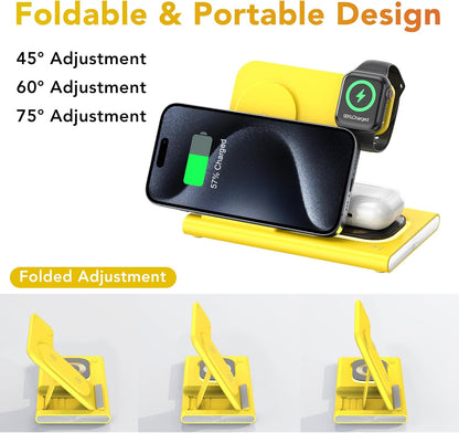 3 in 1 Foldable Charging Station for Apple Products,Wireless Charger for iPhone 17 16 15 14 13 12 Pro Max,Travel Dock Adapter&Light for iWatch Series 11 10 9 Ultra 3/2 SE 3/2,for AirPods 4 3 2 Pro 3/2