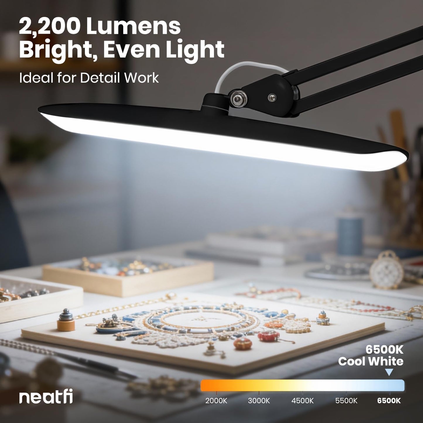 Neatfi XL 2200 Lumens 24W LED Desk Lamp – Shadow-Free Task Lighting | 4-Level Dimming | Home Office & Crafts Use | 20-Inch Wide Head (White, Non-CCT with Clamp)