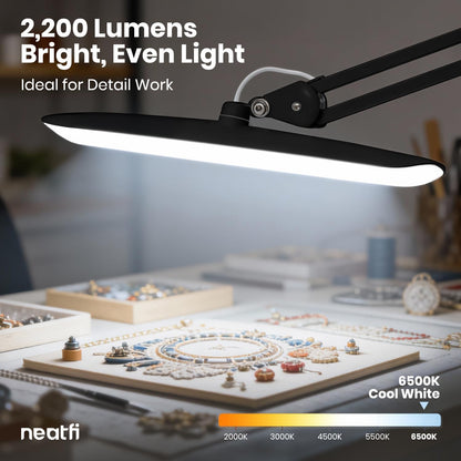 Neatfi XL 2200 Lumens 24W LED Desk Lamp – Shadow-Free Task Lighting | 4-Level Dimming | Home Office & Crafts Use | 20-Inch Wide Head (White, Non-CCT with Clamp)