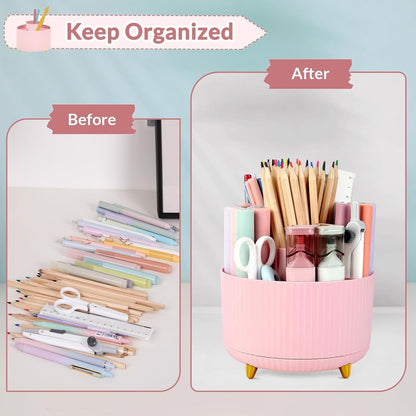 SKYDUE 360 Rotating Plastic Desk Pen Organizer with 5 Slots, Dual-Purpose Art Supply Pencil Cup for Office, School, Home