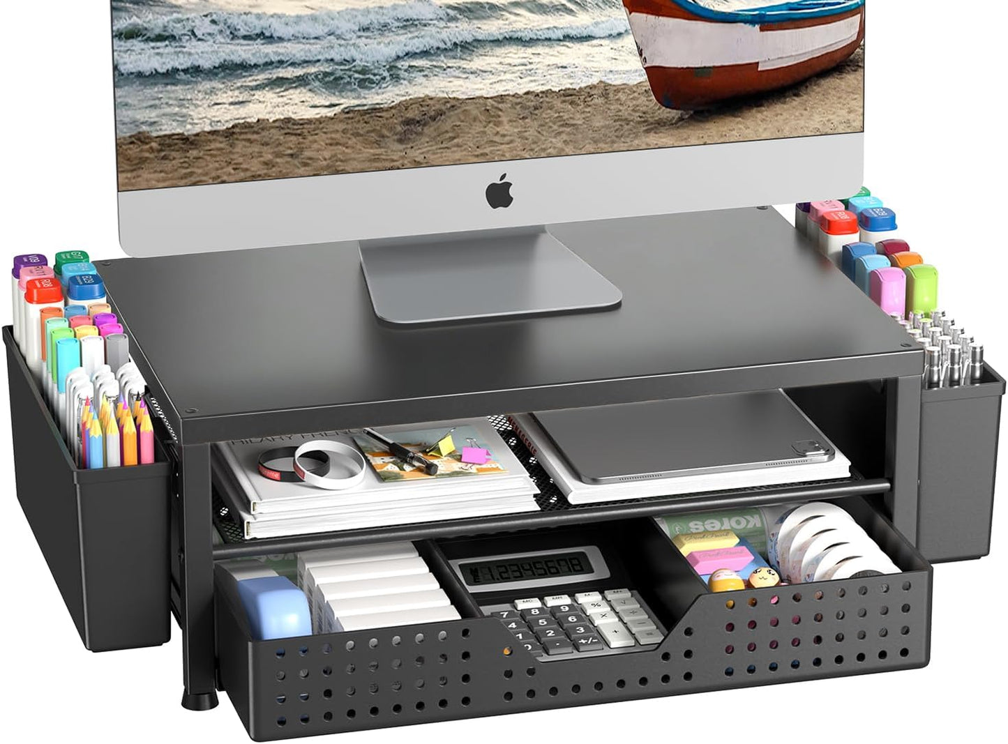 Wood Metal Monitor Stand Riser, Laptop Stand for Desk, Office Desk Organizer and Accessories, Computer Desktop Shelf with Drawer and Pen Holder, Printer Stand for Home, Office, Dorm (Natural Wood)