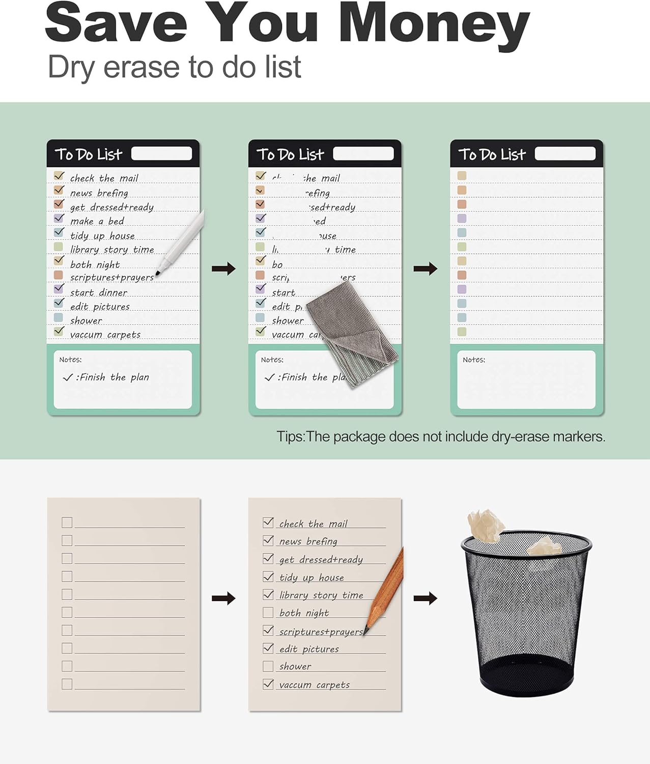 Dry Erase to Do List Sticky Notes| 8pcs Premium Daily Planner White Board| Chore Chart Checklist Notepad| Lined Task Todo Memo Pad| Removable Suitable for Home,Office,Refrigerator,Desk