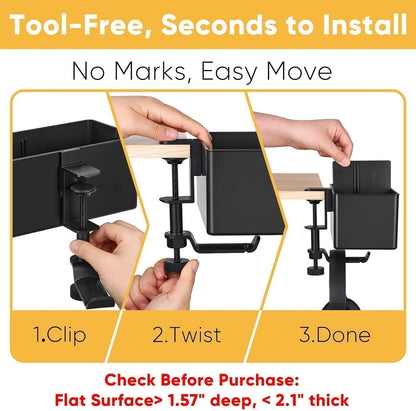 4-in-1 Clip On Desk Cup Holder, Fits up to 40oz cups - Mountable Holder with Adjustable Divider & 360° Rotating Hook - No Spill Clamp On Drink Holder Attachment - for Desk Chair Table Bed Tray - Black
