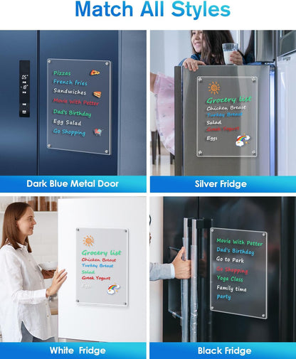 MaxGear 12"x8" Acrylic Magnetic Whiteboard for Fridge, Small Clear Refrigerator Dry Erase Board with 4 Markers and 1 Cloth, Smooth Writing and Easy Cleaning Blank Memo Grocery List for Home Planner