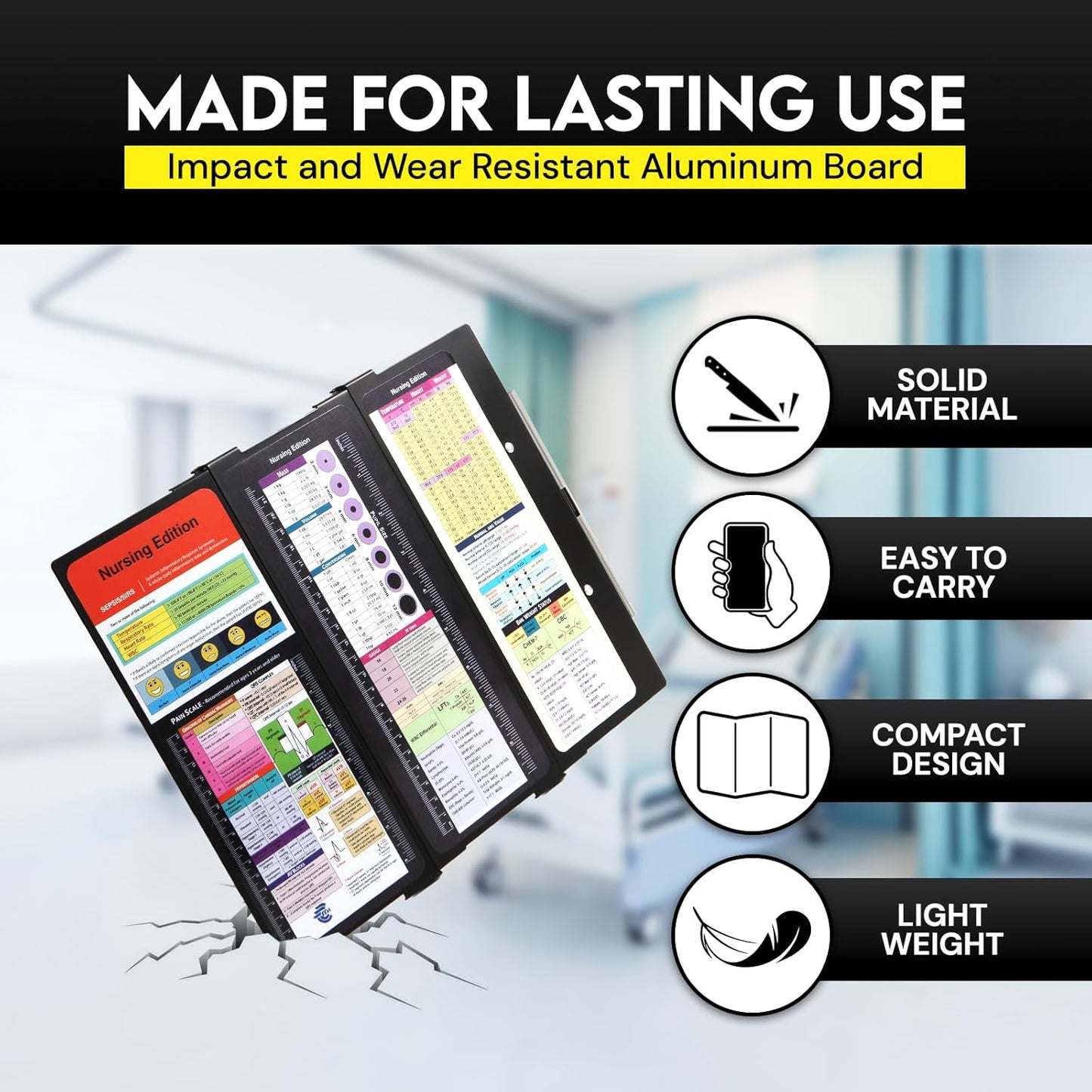 Nursing Clipboard Foldable with Medical Edition Cheat Sheets, 3 Layers Aluminum Foldable Clipboard for Nursing, Notepad for Students, Nursing School Essentials (Black)