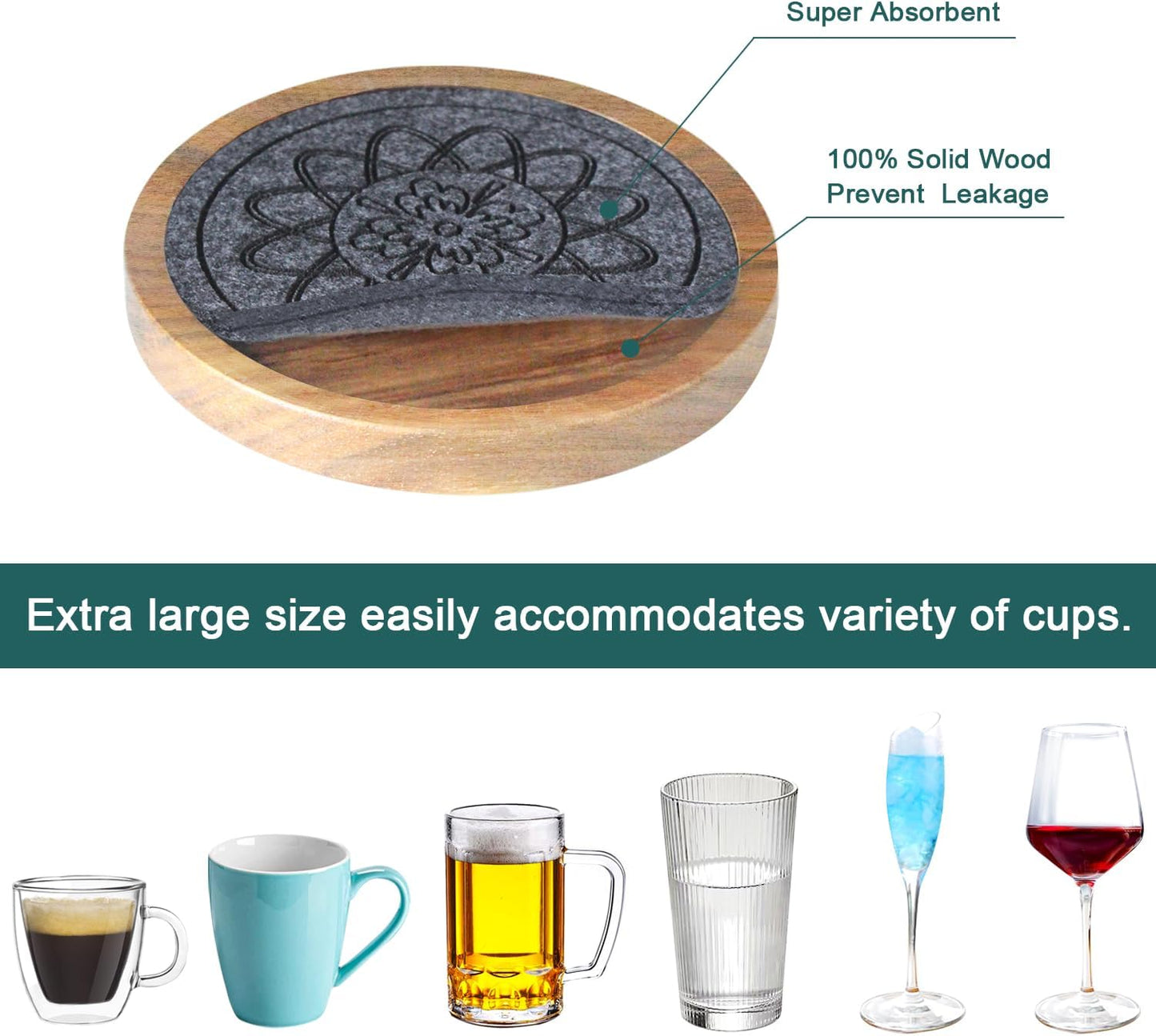 Wood Coasters for Drinks, Minacun Absorbent Coaster Sets of 5, Drinks Coasters for Coffee Tabletop Protection, Non-Slip, Non-Stick, Suitable for Kinds of Cups Wooden Table Drink, 4.3 Inches Black